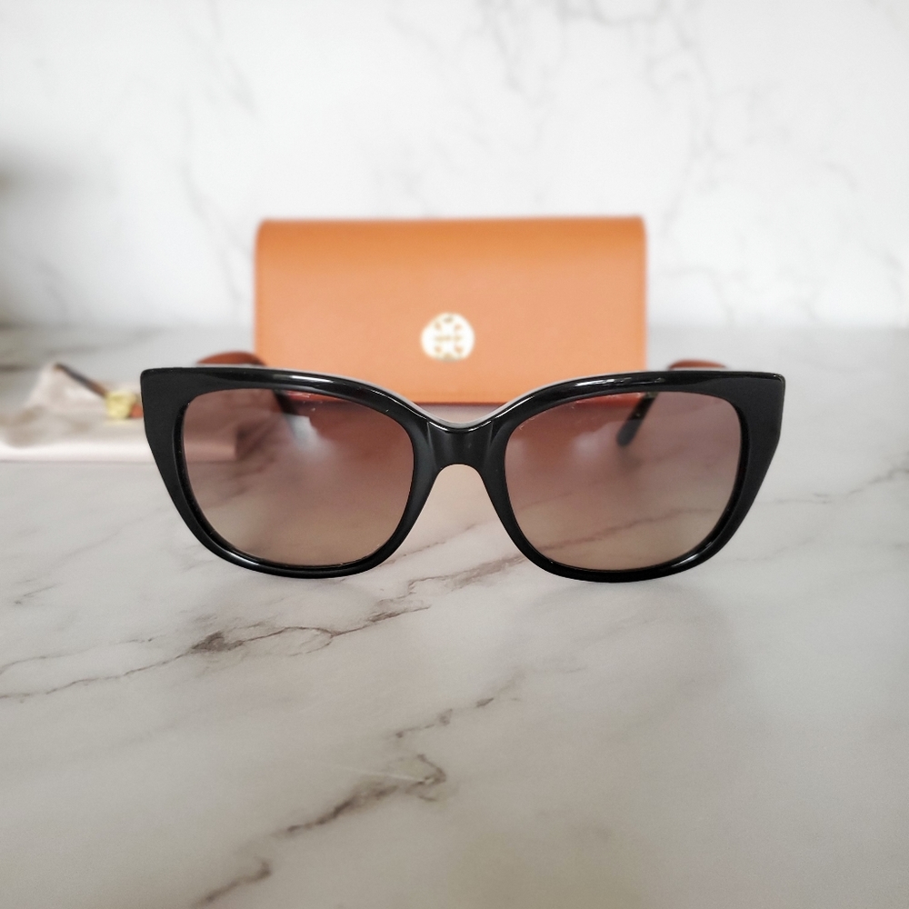 Authentic Tory Burch Oversized Glossy Black Cat Eye Sunglasses with Gold Details